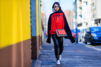 atmosphere details, AUTUMN WINTER 2017-2018, AW 17-18, balenciaga, black pants, FALL WINTER 2017-2018, fashion week, frenchystyle, full length, FW, FW 17-18, hood, hoodie, horizontal, jonathan paciullo, leather bag, leather pants, leather shoes, MFW, MILAN, printed bag, red bag, red sweater, street style, striped bag, sunglasses, trousers, vêtements, white shoes