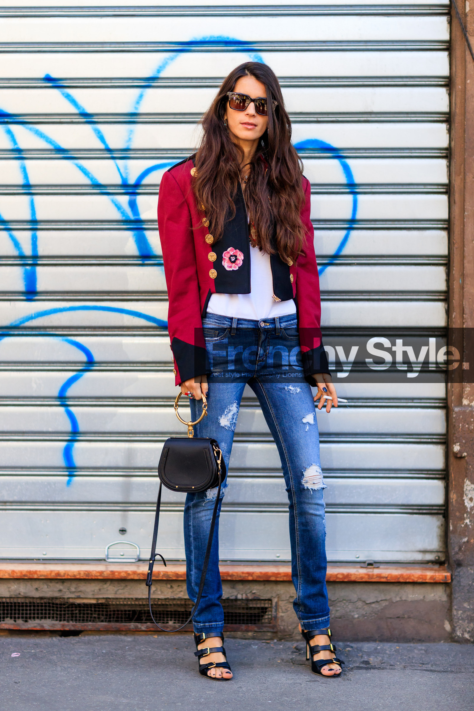 AUTUMN WINTER 2017-2018, AW 17-18, black bag, blue denim, chiara totire, chloe, denim pants, FALL WINTER 2017-2018, fashion week, frenchystyle, full length, FW, FW 17-18, graphic jacket, jeans, jonathan paciullo, leather bag, leather shoes, MFW, MILAN, printed jacket, red jacket, street style, sunglasses, trousers, vertical, white t shirt