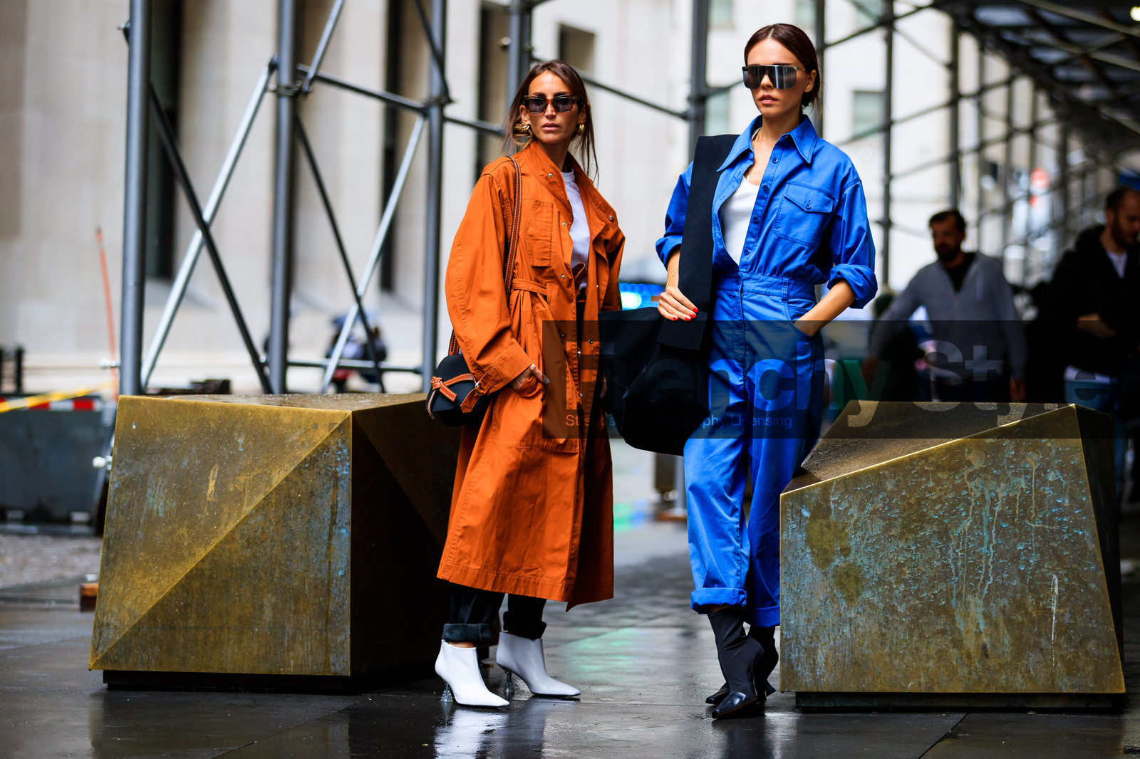 black bag, black shoes, blue jumpsuit, camel coat, chloe loulou de saison, evangelie smyrniotaki, high heels, leather bag, leather shoes, loewe, sunglasses, trench coat, white boots, street style, jonathan paciullo, FW, frenchystyle, fashion week, NYFW, NEW YORK, SPRING SUMMER 2019, SS 19, atmosphere details, horizontal, full length