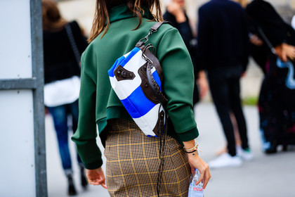 atmosphere details, back detail, balenciaga, beige skirt, checked skirt, detail, fashion week, frenchystyle, FW, graphic bag, graphic jacket, green jacket, horizontal, jonathan paciullo, leather bag, natasha goldenberg, PARIS, PFW, plaid, printed skirt, SPRING SUMMER 2017, SS 17, street style, striped bag, tartan