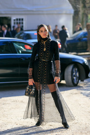 black bag, black dress, black shoes, christian dior, graphic bag, graphic dress, high boots, leather bag, leather shoes, model, necklace, olivia culkpa, olivia culpo, printed bag, printed dress, tone on tone, total look black, tulle, PARIS, PFW, street style, jonathan paciullo, FW, frenchystyle, fashion week, AUTUMN WINTER 2019-2020, AW 19-20, FALL WINTER 2019-2020, FW 19-20, vertical, full length