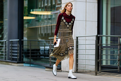 atmosphere details, beige dress, bordeaux, burgundy, embroidered dress, fashion week, floral, flower, frenchystyle, full length, FW, horizontal, jonathan paciullo, leather shoes, LFW, LONDON, red sweater, SPRING SUMMER 2017, SS 17, street style, veronika heilbrunner, white boots, woman