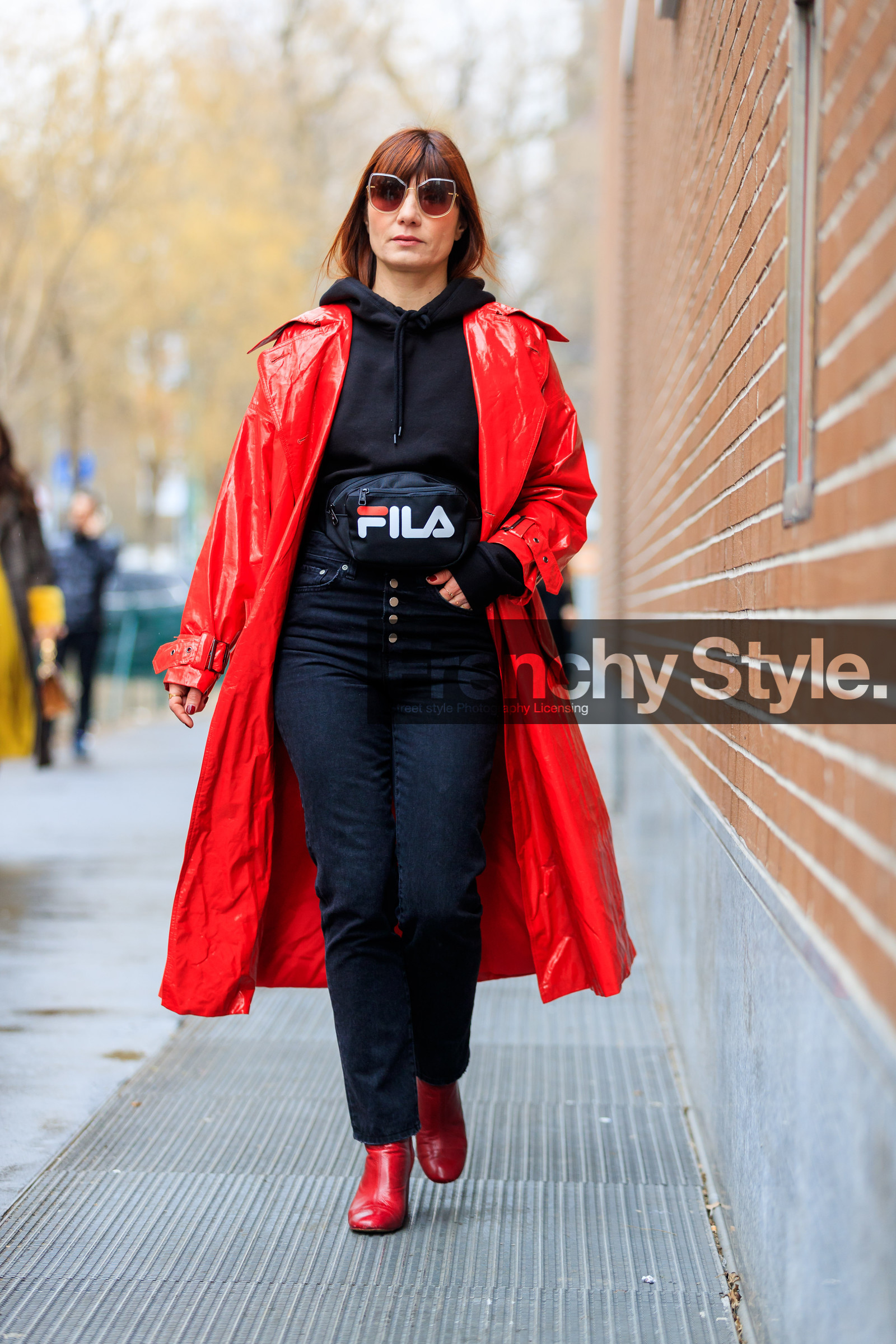 black bag, black denim, black sweater, denim pants, fanny pack, fila, graphic bag, hoodie, jeans, leather bag, leather coat, leather shoes, printed bag, red boots, red coat, sunglasses, trousers, fashion week, frenchystyle, FW, jonathan paciullo, street style, MFW, MILAN, AUTUMN WINTER 2018-2019, FALL WINTER 2018-2019, FW 18-19, vertical, full length