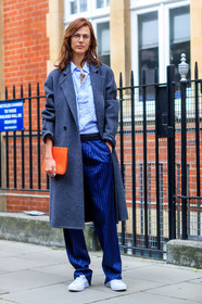 aymeline valade, blue pants, blue shirt, fashion week, frenchystyle, full length, FW, graphic pants, graphic shirt, grey coat, jonathan paciullo, jw anderson, leather bag, leather shoes, LFW, LONDON, model, printed pants, printed shirt, red clutch, SPRING SUMMER 2018, SS 18, street style, striped pants, striped shirt, trousers, vertical, white sneakers