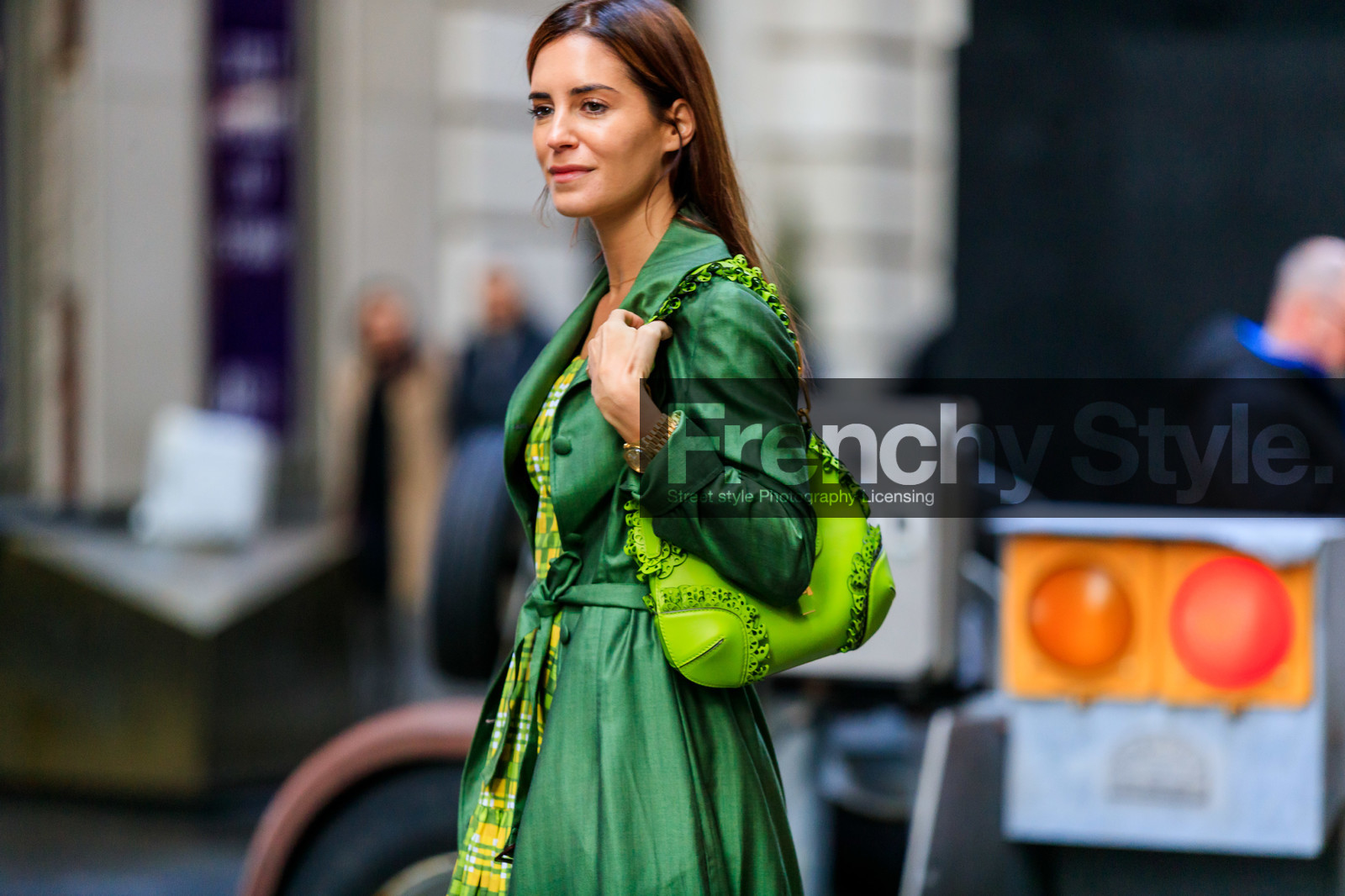 gala gonzalez, graphic dress, green bag, green coat, green dress, leather bag, leather coat, pleated dress, printed dress, total look green, street style, jonathan paciullo, frenchystyle, NYFW, NEW YORK, AUTUMN WINTER 2019-2020, AW 19-20, FALL WINTER 2019-2020, FW 19-20, FW, fashion week, atmosphere details, horizontal, detail