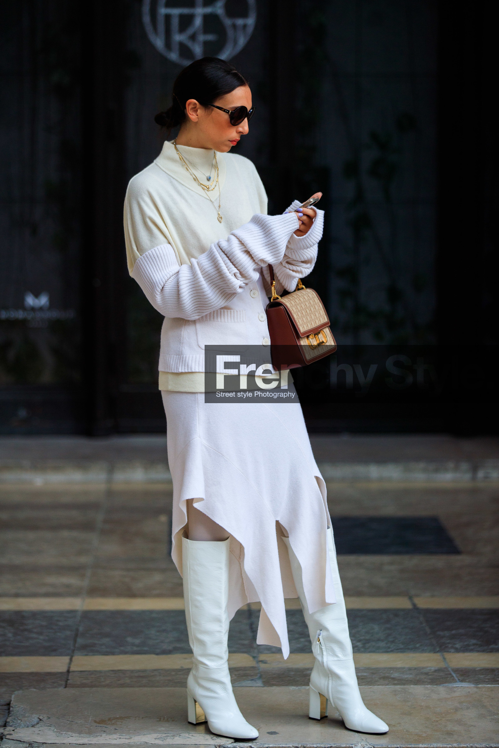 gabriella berdugo, white pullover, white cardigan, white skirt, white leather boots, high boots, high heels boots, asymetrical skirt, asymetrical cardigan, asymetrical pullover, turtleneck pullover, monogrammed bag, hand bag, camel leather bag, chloe bag, knitwear, knit skirt, split skirt, golden necklace, multi necklace, white polish boots, scale sunglasses, round shape glasses, fashion week, frenchystyle, FW, jonathan paciullo, street style, PFW, PARIS, SPRING SUMMER 2021, SS 21, vertical, full length
