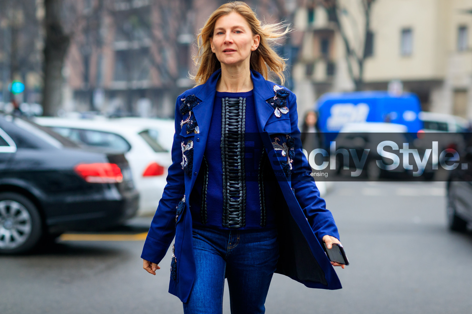 atmosphere details, AUTUMN WINTER 2017-2018, AW 17-18, blue coat, blue denim, blue sweater, detail, embroidered coat, embroideries, FALL WINTER 2017-2018, fashion week, floral, flowers, frenchystyle, FW, FW 17-18, graphic jacket, horizontal, jeans, jonathan paciullo, MFW, MILAN, printed jacket, street style, trousers