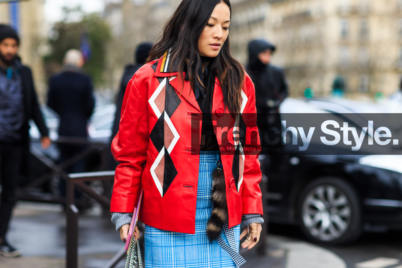atmosphere details, AUTUMN WINTER 2016-2017, AW 16-17, blue skirt, checked skirt, detail, FALL WINTER 2016-2017, fashion week, frenchystyle, FW, FW 16-17, graphic jacket, high heels, horizontal, jonathan paciullo, leather bag, leather jacket, leather shoes, miu miu, PARIS, PFW, plaid, printed jacket, printed skirt, red jacket, red shoes, street style, tina leung, white bag