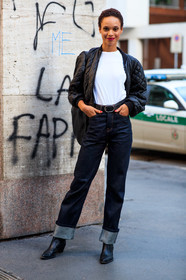 satin bombers, quilted bombers, dark blue jeans, white t-shirt, black leather boots, cowboy boots, street style, jonathan paciullo, FW, frenchystyle, fashion week, MFW, MILAN, SPRING SUMMER 2021, SS 21, vertical, full length, model