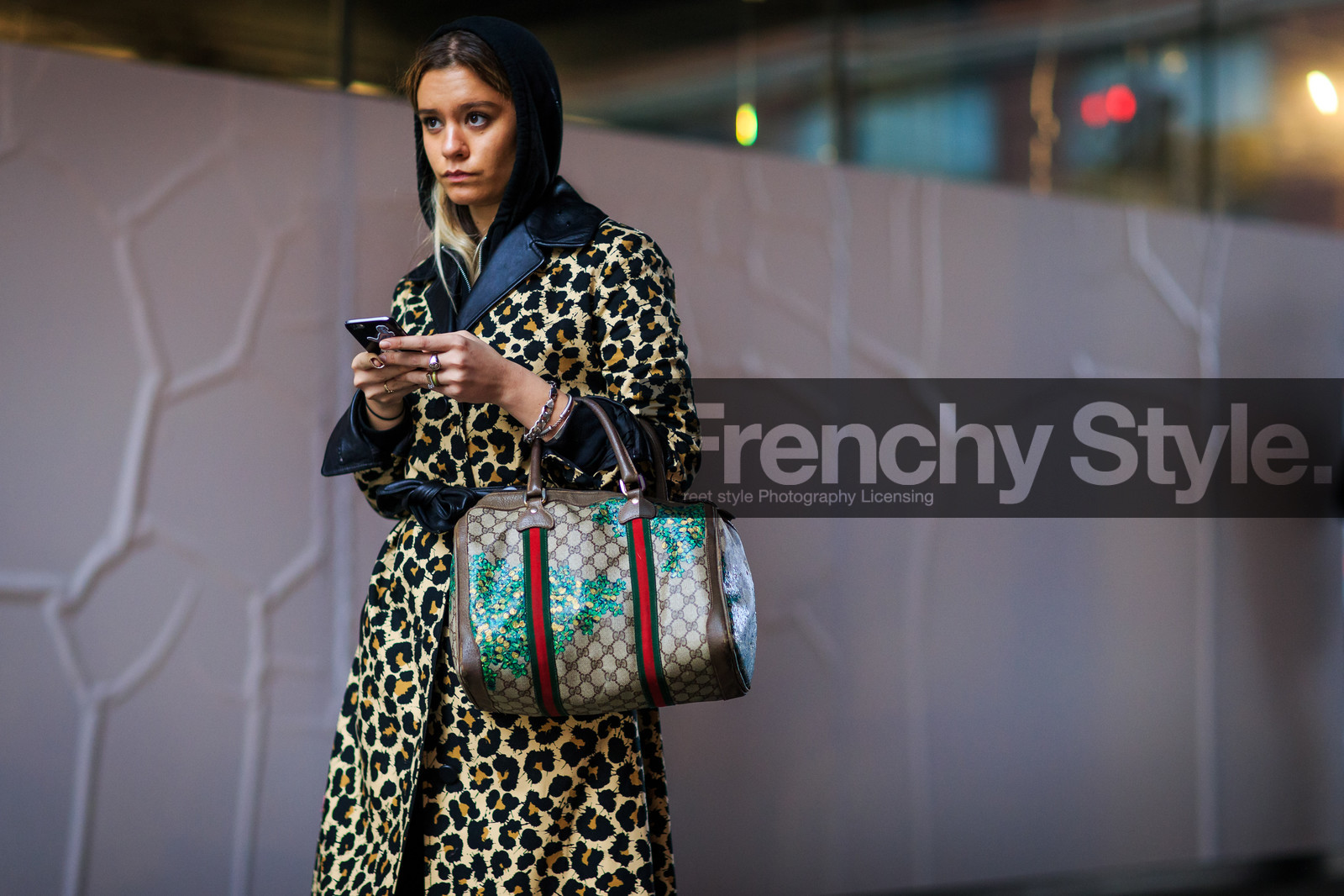 animal print, atmosphere details, AUTUMN WINTER 2016-2017, AW 16-17, beige bag, belted coat, black pants, black sneakers, detail, emma morrison, fashion week, frenchystyle, FW, FW 16-17, gucci, hood, horizontal, jonathan paciullo, leather bag, leather coat, leopard print, monogram, NEW YORK, NYFW, printed bag, printed coat, street style, trousers, vans, woman