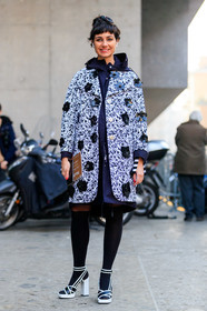 black and white, black and white shoes, embroideries, eva geraldine fontanelli, floral, flowers, graphic jacket, grey coat, high heels, leather shoes, printed jacket, sequined, tights, white shoes, street style, jonathan paciullo, FW, frenchystyle, fashion week, MFW, MILAN, AUTUMN WINTER 2019-2020, AW 19-20, FALL WINTER 2019-2020, FW 19-20, vertical, full length