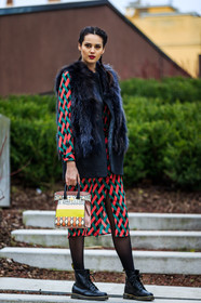 AUTUMN WINTER 2016-2017, AW 16-17, black boots, black fur, black jacket, braids, dr martens, FALL WINTER 2016-2017, fashion week, frenchystyle, full length, fur jacket, FW, FW 16-17, geometric, graphic dress, jonathan paciullo, leather bag, leather boots, LFW, LONDON, MENSWEAR, multicolor bag, printed dress, red dress, sleeveless, street style, striped dress, stripes, vertical