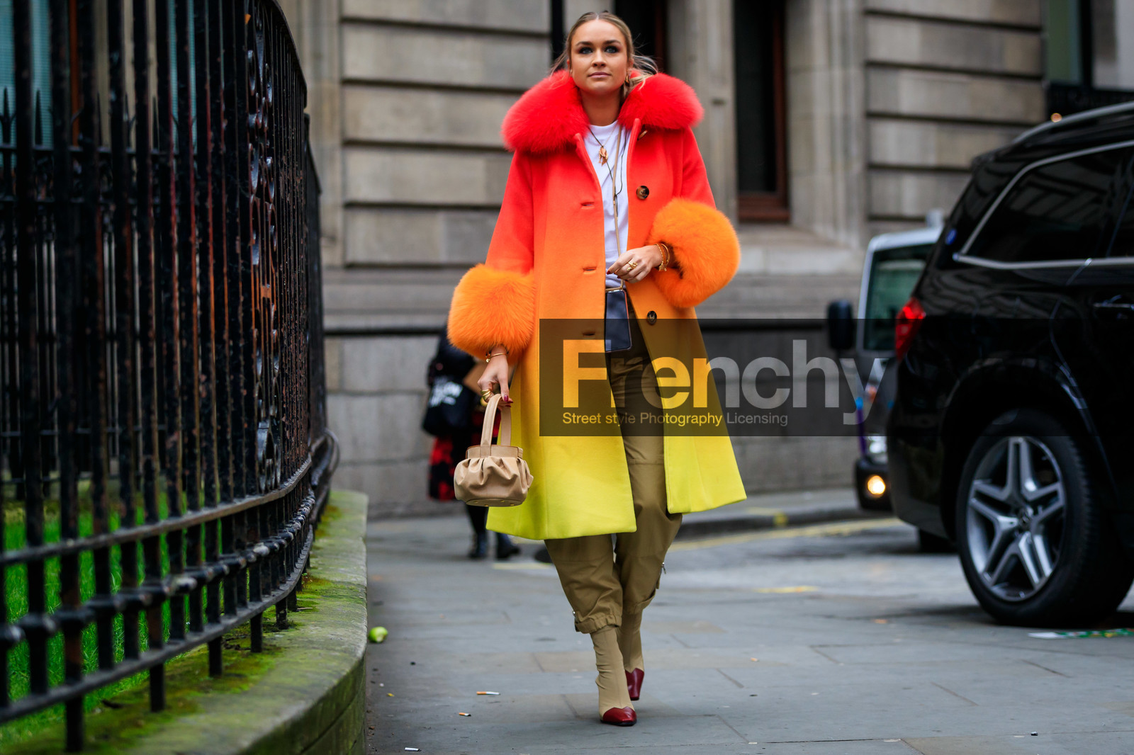 beige bag, beige boots, beige pants, céline, fur collar, high heels, leather bag, leather shoes, nina suess, orange, orange fur, red, red coat, red fur, tie & die, trousers, yellow, yellow coat, LONDON, LFW, fashion week, frenchystyle, FW, jonathan paciullo, street style, AUTUMN WINTER 2019-2020, AW 19-20, FW 19-20, FALL WINTER 2019-2020, horizontal, atmosphere details, full length
