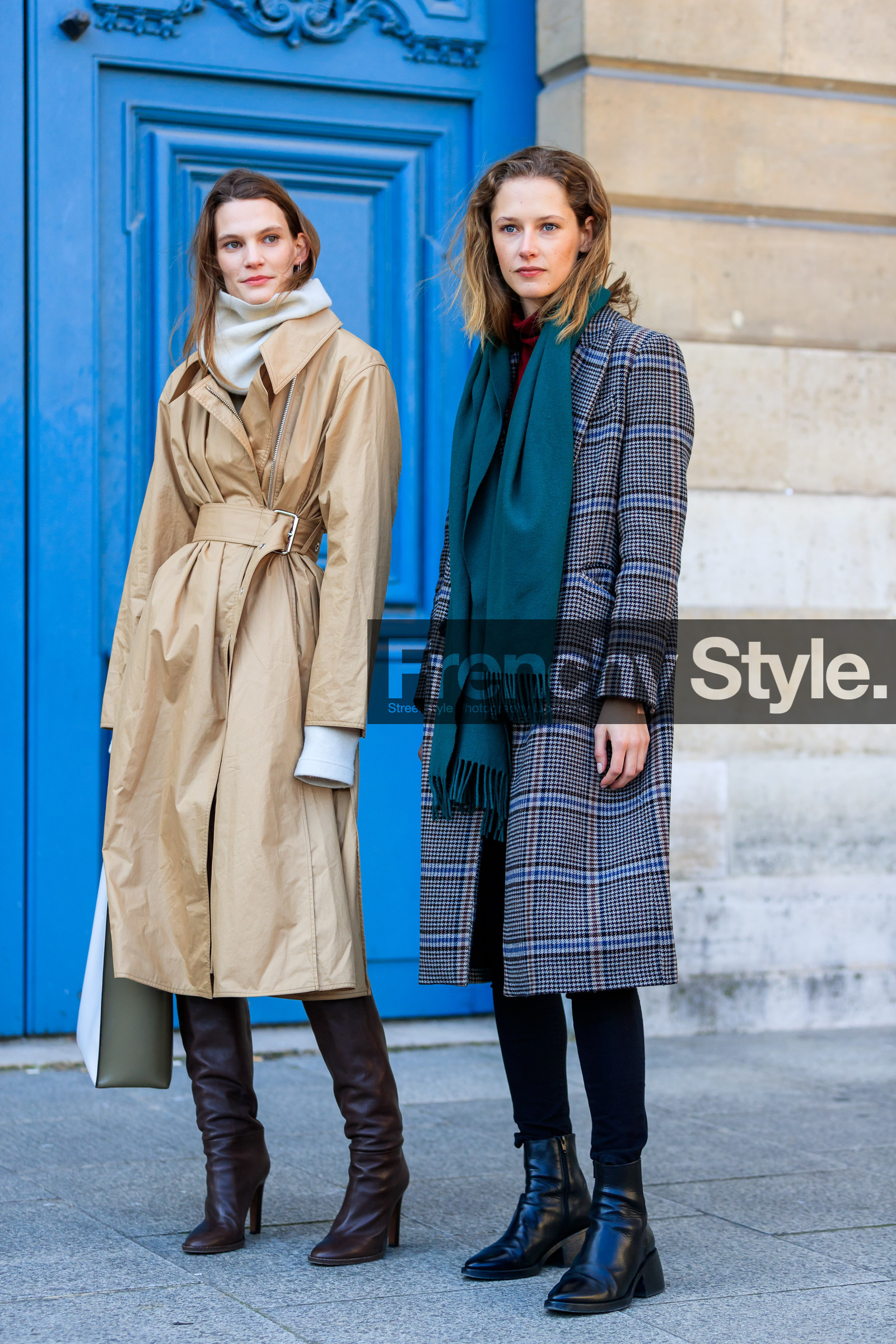 beige coat, black shoes, blue scarf, brown boots, checked, graphic jacket, grey coat, high boots, high heels, leather bag, leather shoes, plaid, printed jacket, trench coat, trousers, turtleneck sweater, white sweater, street style, jonathan paciullo, FW, frenchystyle, fashion week, PFW, PARIS, AUTUMN WINTER 2018-2019, FALL WINTER 2018-2019, FW 18-19, vertical, full length, model