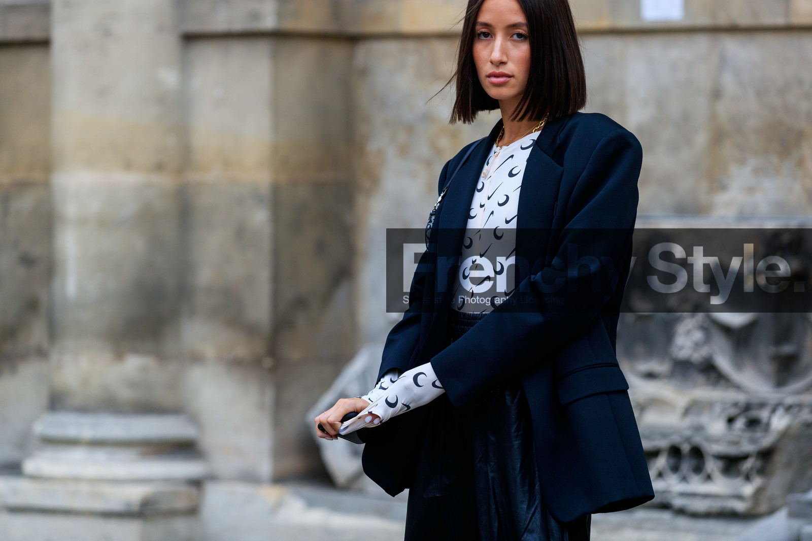 alexandra guerain, black jacket, black pants, marine serre top, white top, monogrammed top, tight top, jogging pants, fashion week, frenchystyle, FW, jonathan paciullo, street style, PFW, PARIS, SPRING SUMMER 2020, SS 20, horizontal, atmosphere details, detail
