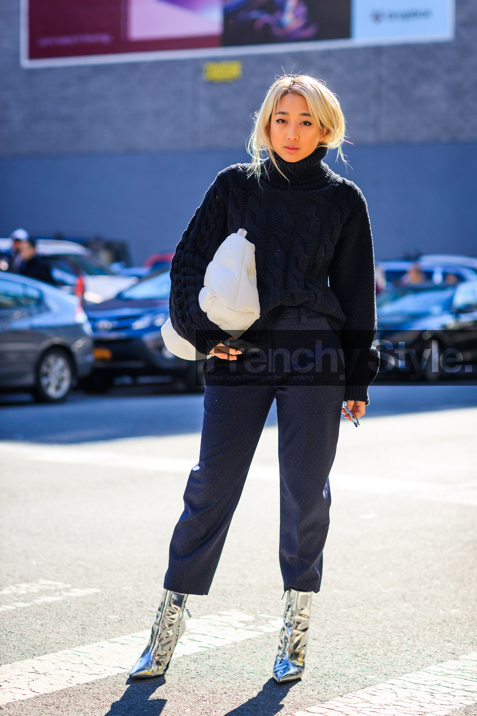 black sweater, blue pants, glitter, high heels, leather bag, leather shoes, maison martin margiela, navy pants, polka dot, shiny shoes, silver shoes, trousers, white bag, street style, jonathan paciullo, FW, frenchystyle, fashion week, NYFW, NEW YORK, AUTUMN WINTER 2018-2019, AW 18-19, FALL WINTER 2018-2019, FW 18-19, vertical, full length
