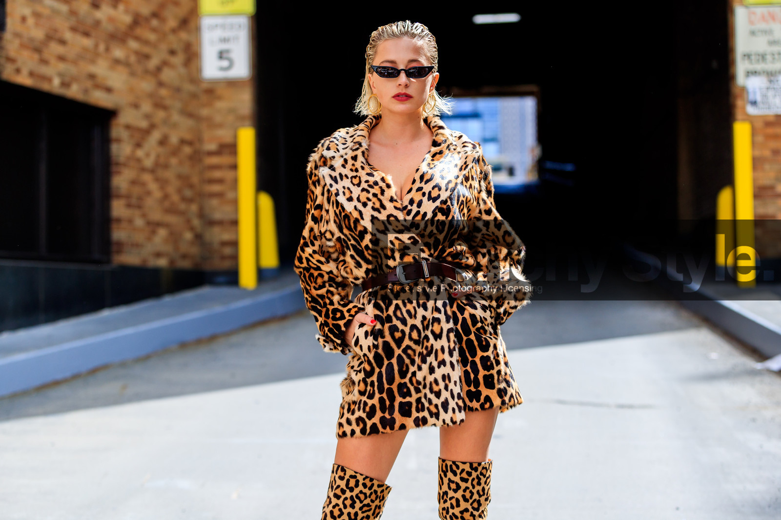 animal print, atmosphere details, brown belt, caroline vreeland, detail, fashion week, frenchystyle, fun sunglasses, FW, high boots, horizontal, jonathan paciullo, leopard, leopard print, NEW YORK, NYFW, printed boots, printed dress, pulled back hair, SPRING SUMMER 2018, SS 18, street style, sunglasses