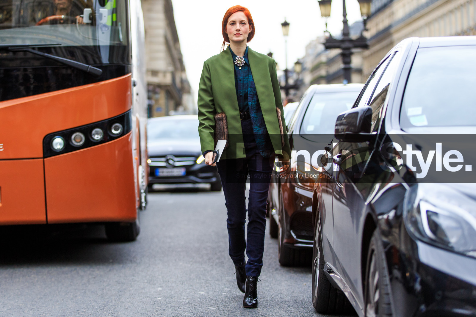 atmosphere details, AUTUMN WINTER 2016-2017, AW 16-17, black boots, blazer, blue denim, blue shirt, brooch, check shirt, denim pants, FALL WINTER 2016-2017, fashion week, frenchystyle, full length, FW, FW 16-17, green jacket, high heels, high waist, horizontal, jeans, jonathan paciullo, leather boots, PARIS, PFW, plaid, red head, street style, taylor tomasi hill, trousers
