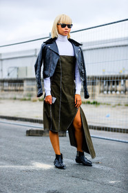 black jacket, black perfecto, black shoes, fashion week, frenchystyle, full length, FW, green dress, jonathan paciullo, jw anderson, leather jacket, leather perfecto, leather shoes, PARIS, PFW, SPRING SUMMER 2017, SS 17, street style, sunglasses, turtleneck sweater, vanessa hong, vertical, white sweater