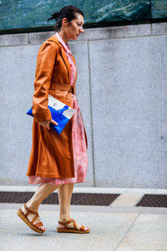 blue bag, brown coat, brown sandals, fashion week, frenchystyle, full length, FW, graphic bag, jonathan paciullo, leather bag, leather coat, leather shoes, NEW YORK, NYFW, pink dress, printed bag, SPRING SUMMER 2018, SS 18, street style, vertical