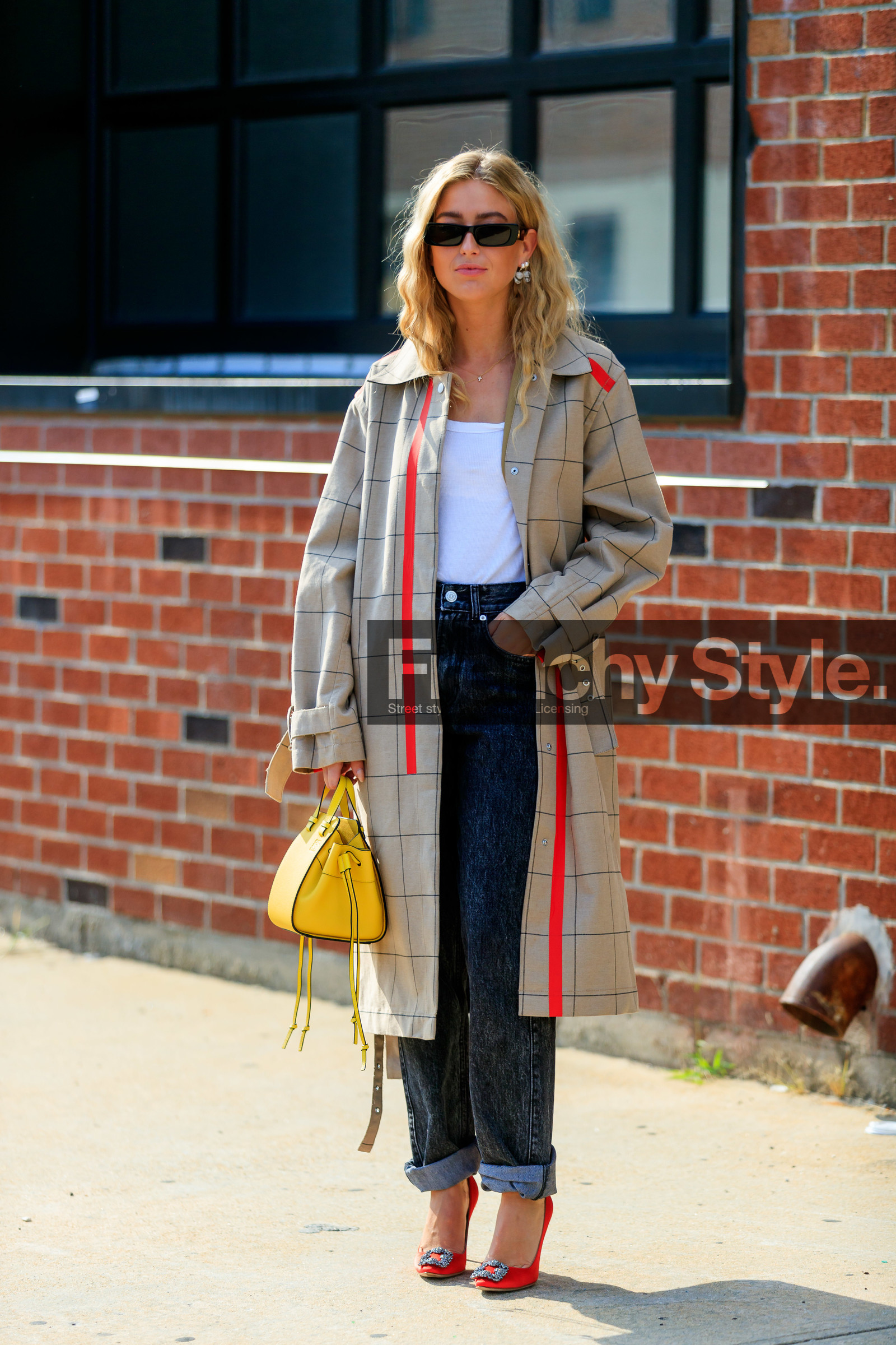 beige coat, black denim, checked, denim pants, earrings, emili sindlev, graphic jacket, high heels, jeans, leather shoes, loewe, plaid, printed jacket, red shoes, sunglasses, trousers, white top, yellow bag, street style, jonathan paciullo, FW, frenchystyle, fashion week, NEW YORK, NYFW, SPRING SUMMER 2020, SS 20, vertical, full length