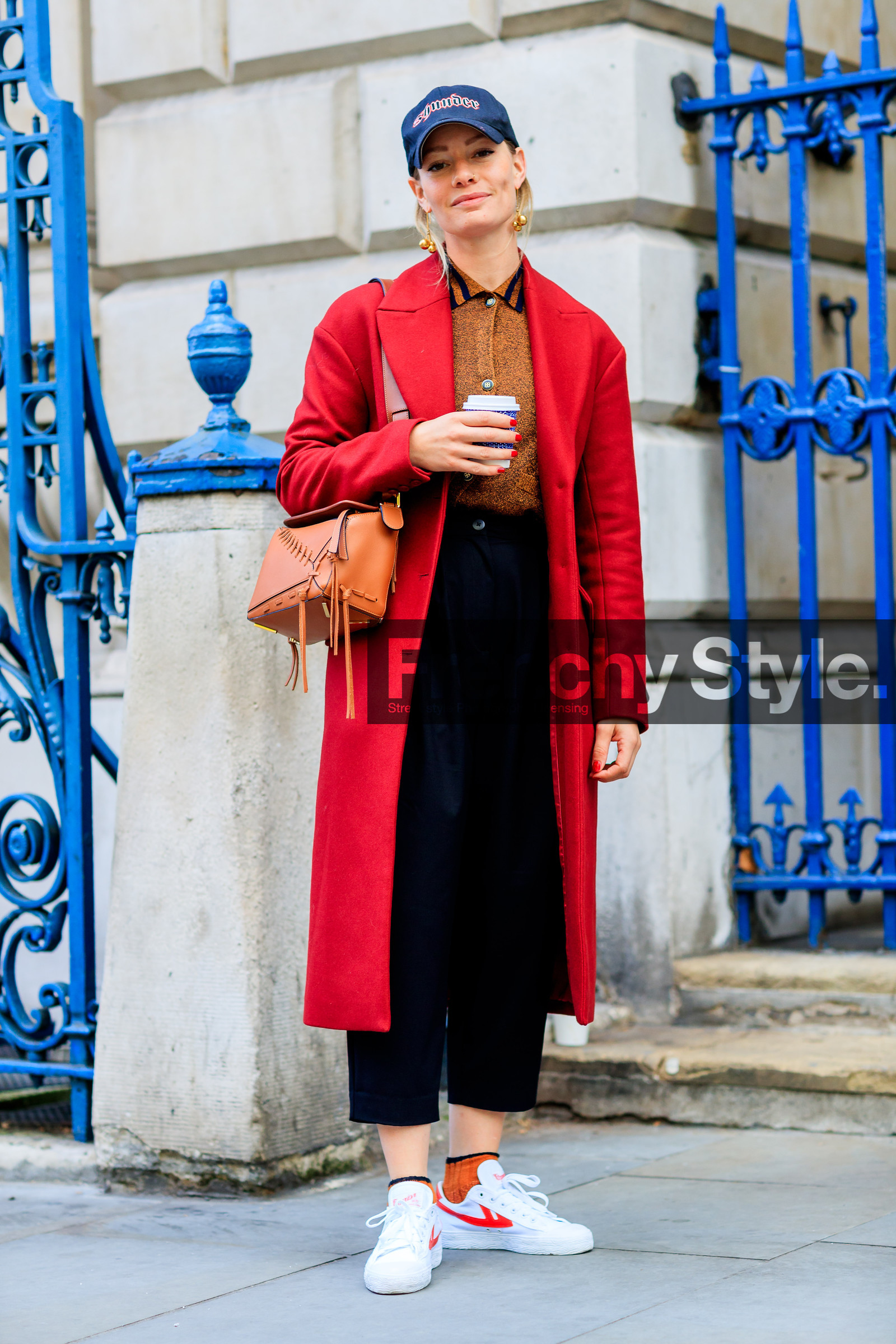 black cap, black pants, brown bag, brown shirt, earrings, fashion week, frenchystyle, fringes, full length, FW, jonathan paciullo, leather bag, leather shoes, LFW, loewe, LONDON, red coat, SPRING SUMMER 2018, SS 18, street style, trousers, vertical, white sneakers