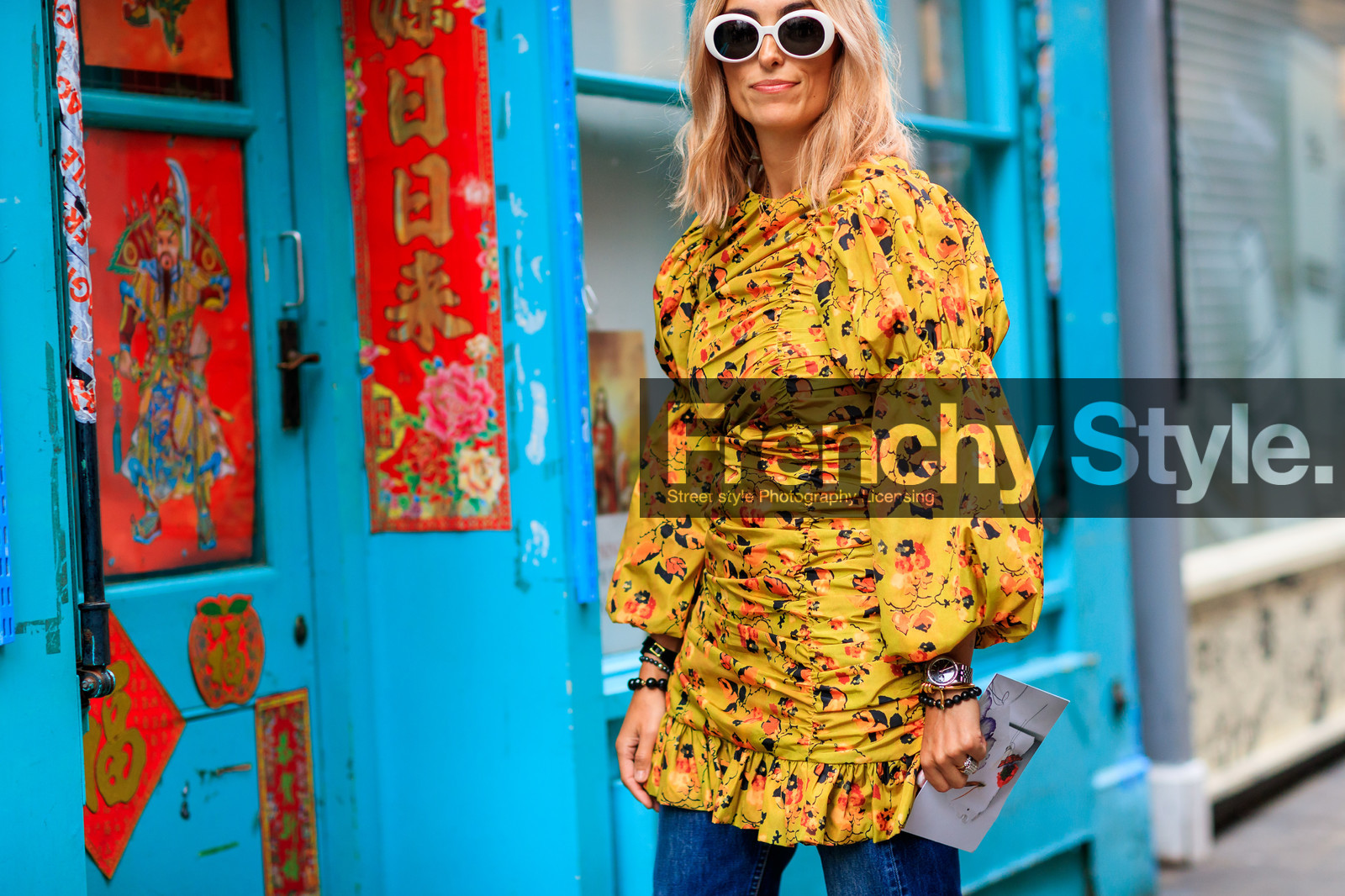 atmosphere details, blue denim, denim pants, detail, fashion week, floral, flowers, frenchystyle, fun sunglasses, FW, graphic dress, horizontal, jeans, jonathan paciullo, LFW, LONDON, printed dress, SPRING SUMMER 2018, SS 18, street style, trousers, yellow dress