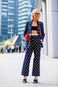 black bra, blue jacket, blue pants, bracelet, brown shoes, graphic jacket, graphic pants, gucci, high heels, leather bag, leather shoes, printed jacket, printed pants, red bag, sunglasses, trousers, varnished leather shoes, viktoria rader, fashion week, frenchystyle, FW, jonathan paciullo, street style, MFW, MILAN, SPRING SUMMER 2019, SS 19, vertical, full length