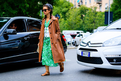 atmosphere details, brown coat, camel sandals, corset, embroidered dress, fashion week, floral, flower, frenchystyle, full length, FW, green dress, headband, horizontal, jonathan paciullo, leather coat, MFW, MILAN, natasha goldenberg, overcoat, prada, printed dress, SPRING SUMMER 2017, SS 17, street style, sunglasses