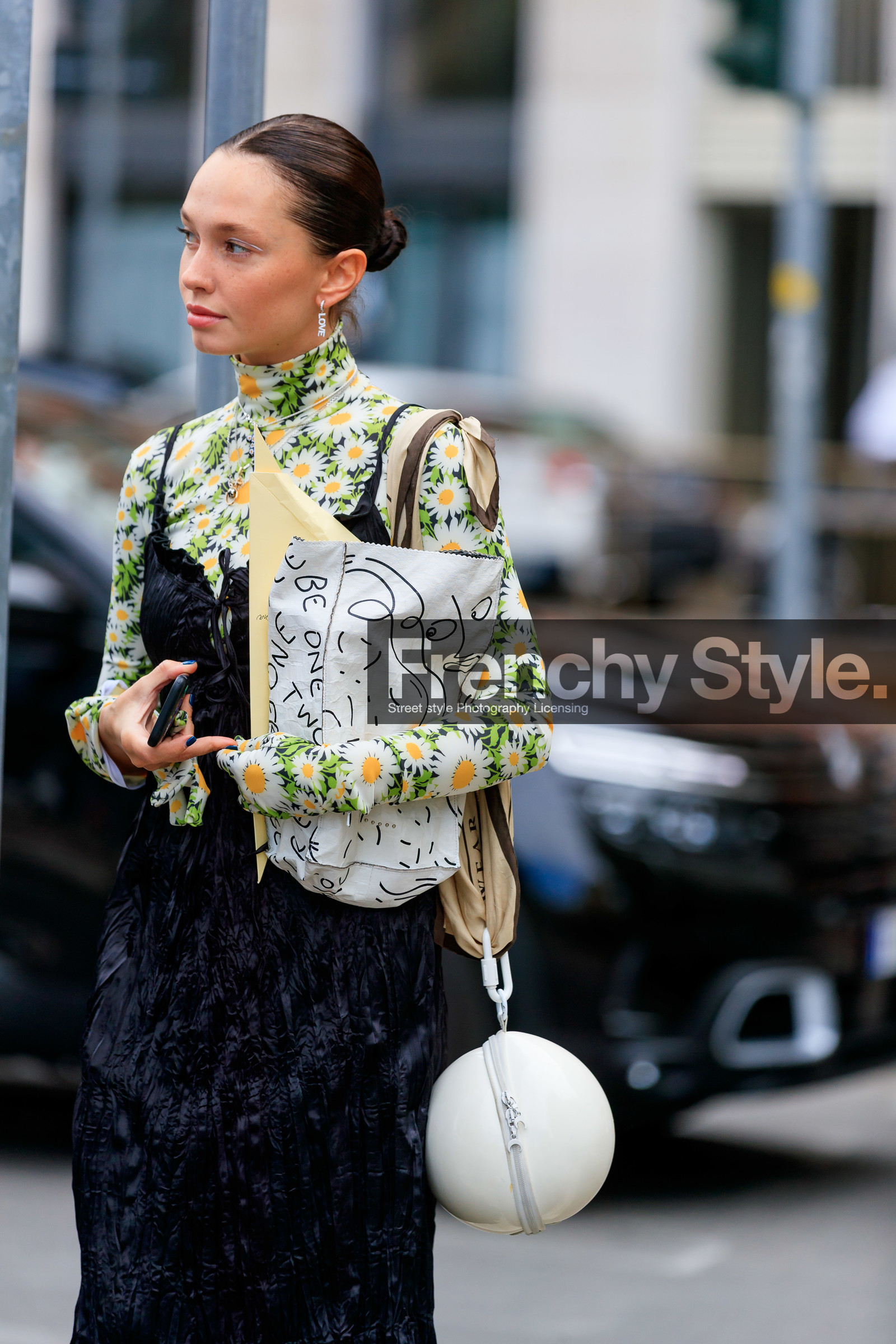 marine serre bag, white bag, round shape bag, black dress, sleeveless dress, pleated dress, floral printed dress, green top, turtleneck top, love earrings, letters earrings, fashion week, frenchystyle, FW, jonathan paciullo, street style, vertical, atmosphere details, detail, MFW, MILAN, SPRING SUMMER 2020, SS 20