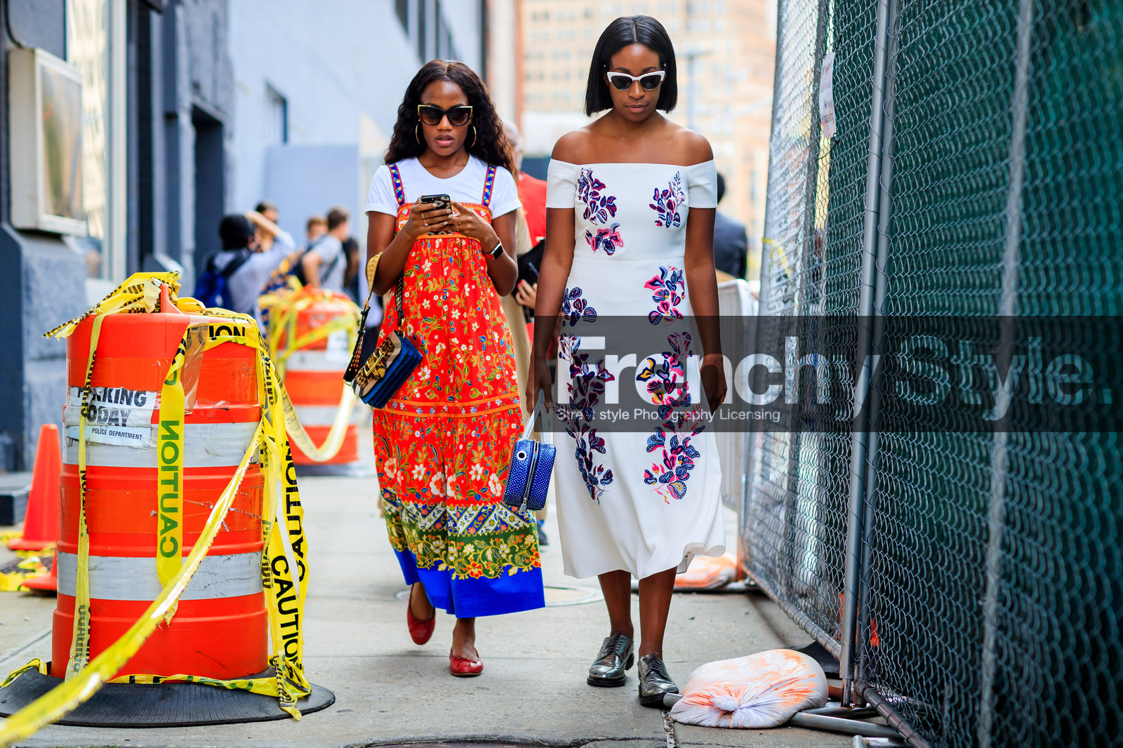 atmosphere details, blue bag, fashion week, floral, flowers, frenchystyle, full length, FW, graphic dress, horizontal, jonathan paciullo, leather bag, leather shoes, NEW YORK, NYFW, off the shoulder, printed dress, red dress, red shoes, silver shoes, SPRING SUMMER 2018, SS 18, street style, sunglasses, tanya taylor, white dress, white t shirt