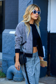 atmosphere details, black bag, black top, checked jacket, cropped top, detail, fashion week, frenchystyle, FW, graphic jacket, grey jacket, grey pants, jonathan paciullo, leather bag, NEW YORK, NYFW, plaid, printed jacket, SPRING SUMMER 2018, SS 18, street style, sunglasses, trousers, vertical