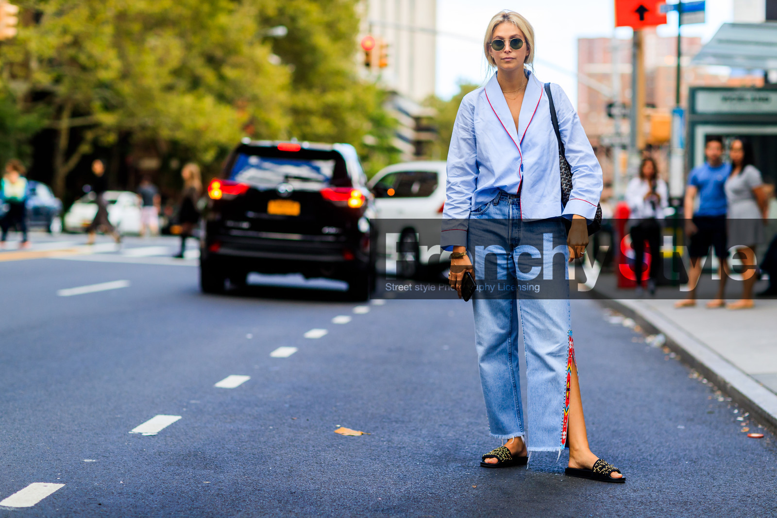 atmosphere details, black sandals, blue denim, blue shirt, denim pants, fashion week, frenchystyle, full length, FW, horizontal, jeans, jonathan paciullo, NEW YORK, NYFW, SPRING SUMMER 2018, SS 18, street style, sunglasses, trousers, tucked in