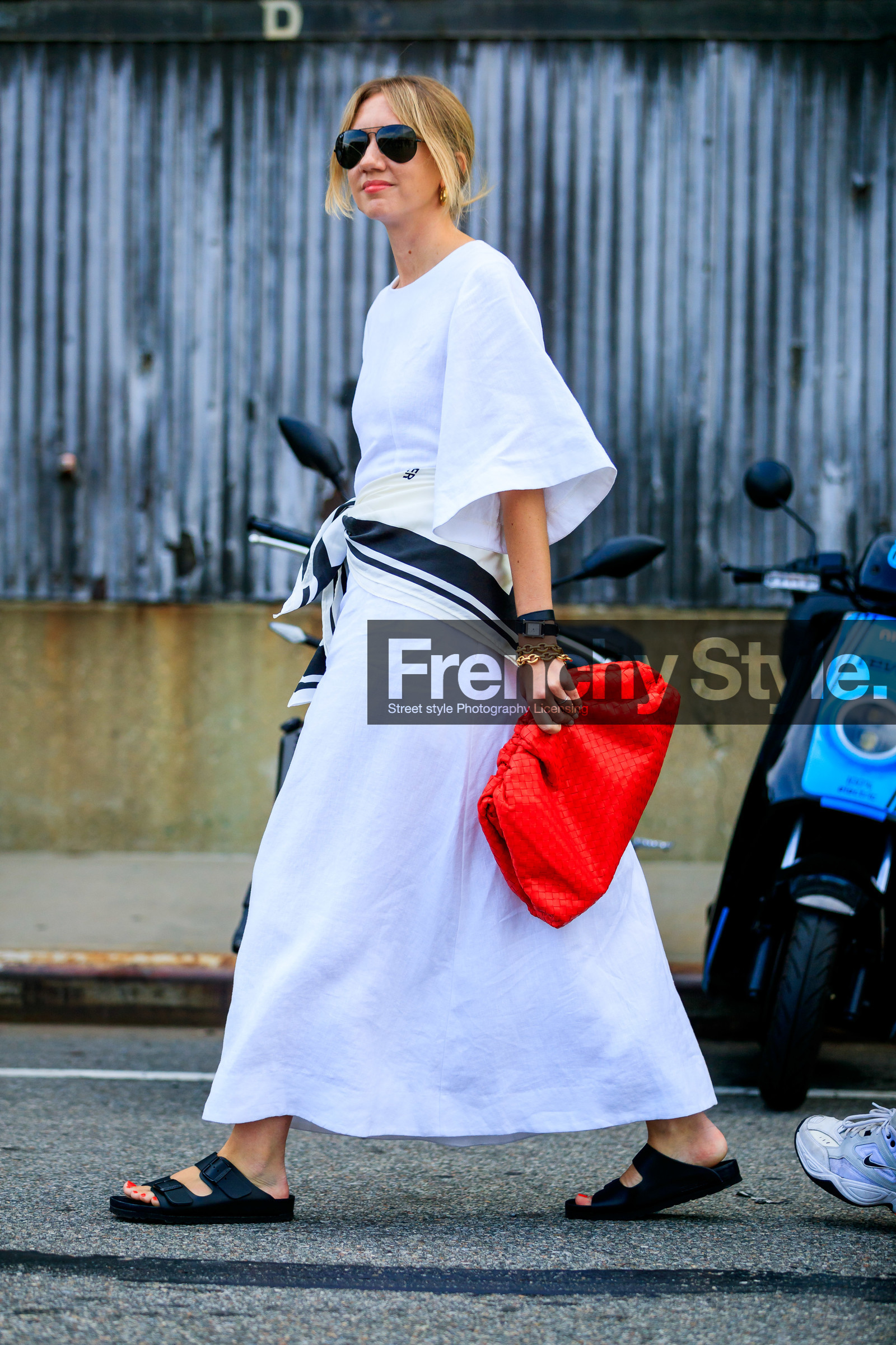 birkenstock, black and white, black shoes, bottega veneta, leather shoes, lisa aiken, red bag, sunglasses, white dress, white scarf, street style, jonathan paciullo, FW, frenchystyle, fashion week, NEW YORK, NYFW, SPRING SUMMER 2020, SS 20, vertical, full length