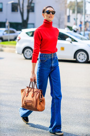 AUTUMN WINTER 2017-2018, AW 17-18, black shoes, blue denim, brown bag, céline, denim pants, FALL WINTER 2017-2018, fashion week, frenchystyle, full length, FW, FW 17-18, janice alida, jeans, jonathan paciullo, leather bag, leather shoes, MFW, MILAN, model, ralph lauren, red sweater, street style, sunglasses, trousers, turtleneck sweater, vertical