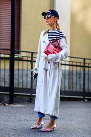 AUTUMN WINTER 2017-2018, AW 17-18, balenciaga, black cap, FALL WINTER 2017-2018, fashion week, frenchystyle, full length, FW, FW 17-18, graphic top, high heels, jonathan paciullo, leather bag, leather shoes, MFW, MILAN, pink bag, pink shoes, printed top, street style, striped sweater, sunglasses, trench coat, trousers, vertical, white coat