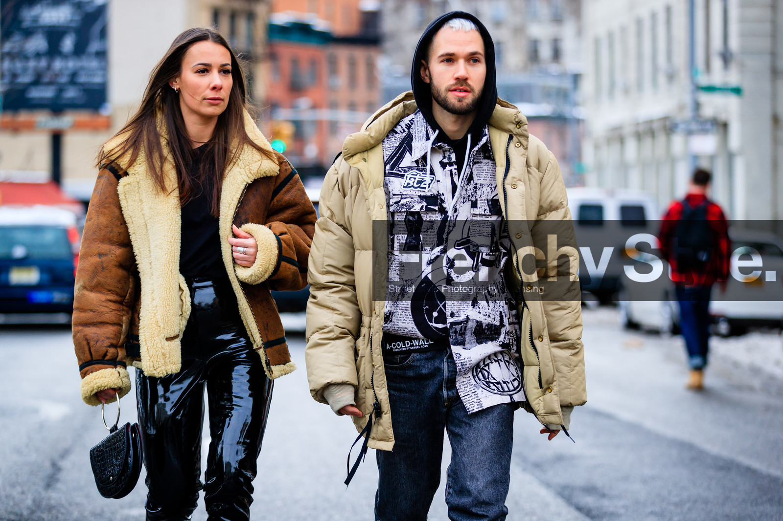 Alice & Js, atmosphere details, AUTUMN WINTER 2017-2018, AW 17-18, beige jacket, black pants, black sweater, blue denim, brown jacket, denim pants, detail, down jacket, FALL WINTER 2017-2018, fashion week, frenchystyle, fur jacket, FW, FW 17-18, graphic shirt, hoodie, horizontal, jeans, jonathan paciullo, leather bag, leather pants, NEW YORK, NYFW, printed shirt, shearling, street style, trousers, tucked in, vinyl