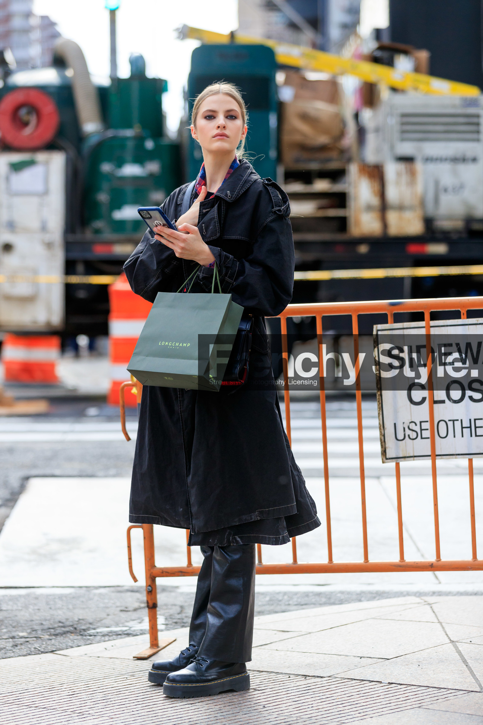 model, black trench coat, denim, denim jacket, denim trench coat, black leather boots, black leather pants, doc marteens shoes, flat boots, laced boots, fashion week, frenchystyle, FW, jonathan paciullo, street style, FALL WINTER 2020-2021, AUTUMN WINTER 2020-2021, FW 20-21, vertical, full length, NYFW, NEW YORK