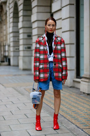 black sweater, blue denim, checked, denim shorts, earrings, graphic jacket, high heels, leather bag, leather shoes, maison martin margiela, necklace, palm angels, plaid, printed jacket, red boots, red jacket, tabi shoes, tartan, transparent bag, turtleneck sweater, varnished leather shoes, white shirt, street style, jonathan paciullo, FW, frenchystyle, fashion week, LFW, LONDON, AUTUMN WINTER 2019-2020, AW 19-20, FW 19-20, FALL WINTER 2019-2020, vertical, full length
