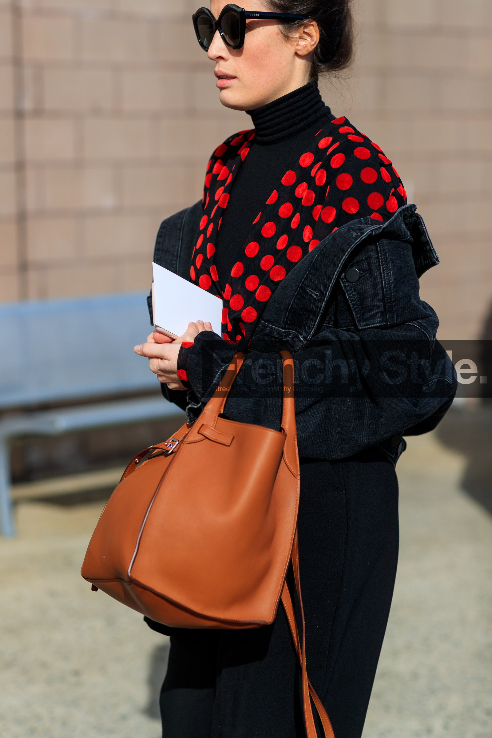black denim, black jacket, black pants, black top, black turtleneck, brown bag, denim jacket, graphic shirt, leather bag, polka dot, printed shirt, trousers, street style, jonathan paciullo, FW, frenchystyle, fashion week, NYFW, NEW YORK, AUTUMN WINTER 2018-2019, AW 18-19, FALL WINTER 2018-2019, FW 18-19, vertical, atmosphere details, detail