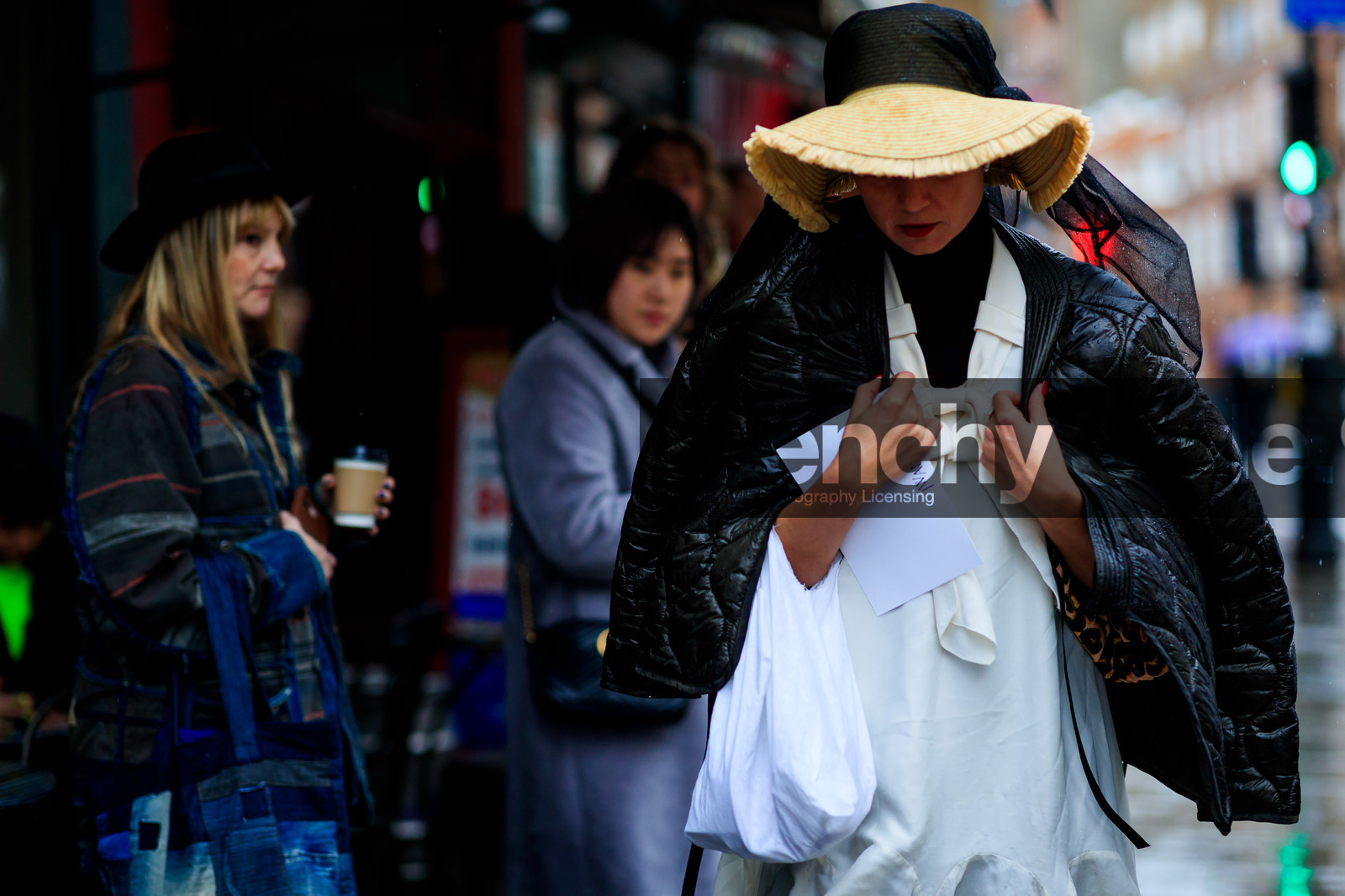 black jacket, bomber jacket, eva geraldine fontanelli, jw anderson, leather bag, over the shoulder, straw hat, white dress, LONDON, LFW, fashion week, frenchystyle, FW, jonathan paciullo, street style, AUTUMN WINTER 2019-2020, AW 19-20, FW 19-20, FALL WINTER 2019-2020, horizontal, atmosphere details, detail
