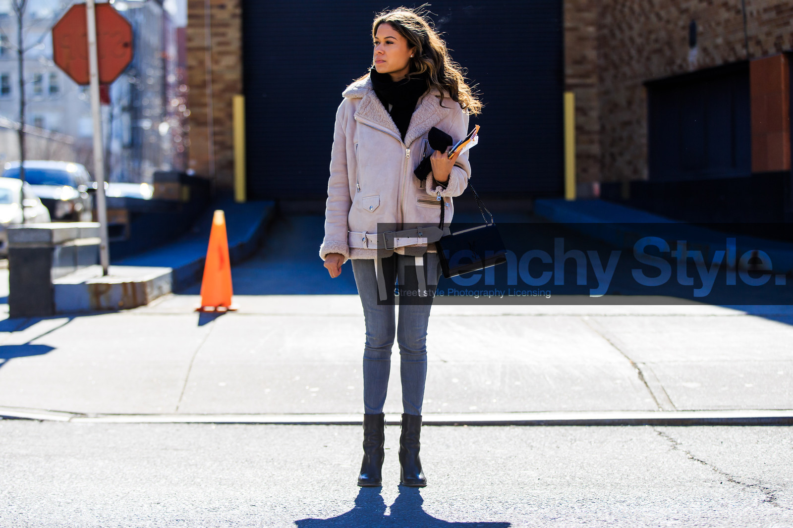 atmosphere details, AUTUMN WINTER 2016-2017, AW 16-17, black bag, black boots, black scarf, denim pants, fashion week, frenchystyle, full length, fur jacket, fur perfecto, FW, FW 16-17, grey denim, horizontal, jeans, jonathan paciullo, leather bag, leather boots, leather jacket, leather perfecto, NEW YORK, NYFW, pink fur, pink jacket, saint laurent paris, street style, suede jacket, suede perfecto, trousers, woman