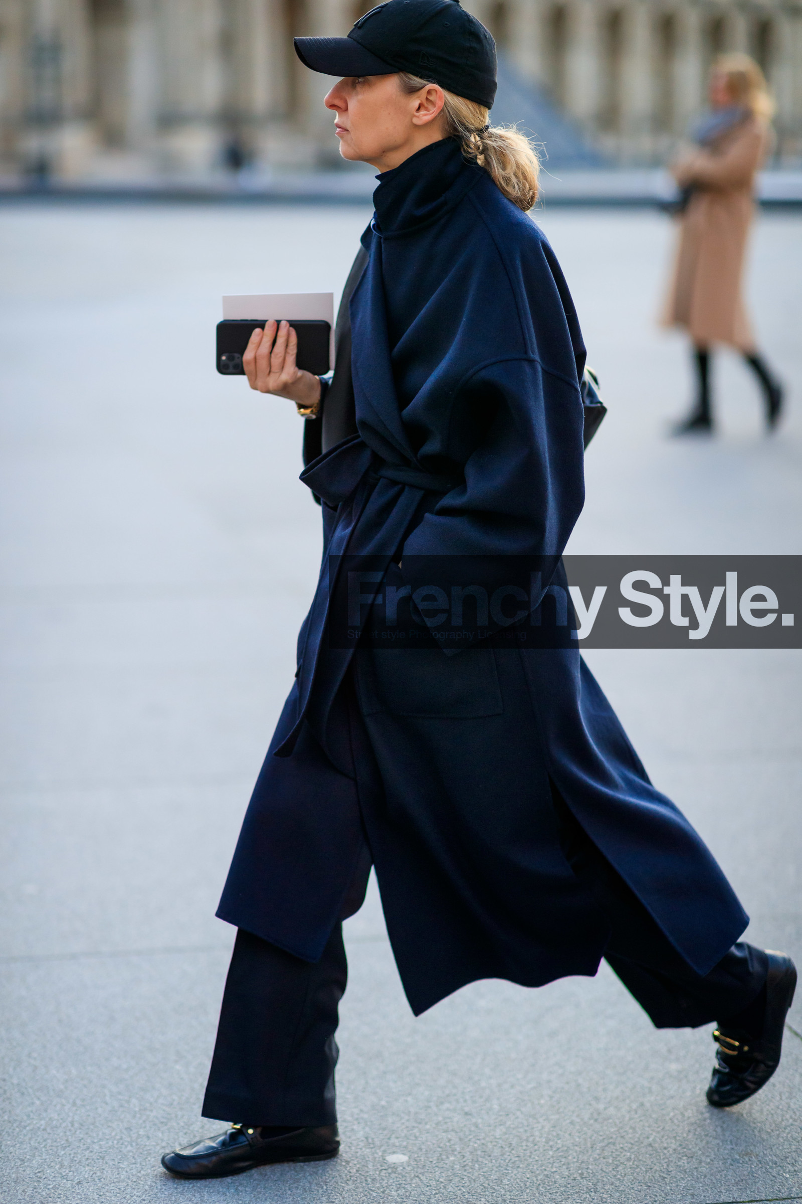 suzanne koller, black cap, black leather loafers, navy blue coat, navy blue pullover, turtleneck pullover, fashion week, frenchystyle, FW, jonathan paciullo, street style, PFW, PARIS, vertical, full length