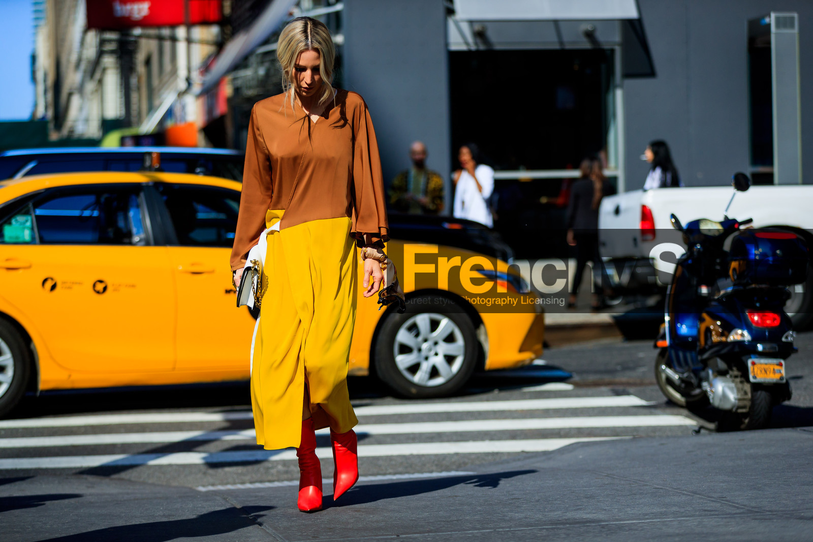 Adi Heyman, atmosphere details, brown dress, fashion week, frenchystyle, full length, FW, high heels, horizontal, jonathan paciullo, leather bag, leather shoes, long dress, NEW YORK, NYFW, red boots, SPRING SUMMER 2018, SS 18, street style, white bag, yellow dress