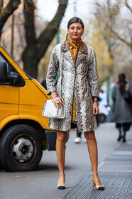 animal print, AUTUMN WINTER 2016-2017, AW 16-17, beige shoes, brown coat, chanel, FALL WINTER 2016-2017, fashion week, fendi, frenchystyle, full length, FW, FW 16-17, giovanna battaglia, jonathan paciullo, leather bag, leather coat, LFW, LONDON, MENSWEAR, nude sandals, snake print, street style, vertical, white bag, yellow scarf