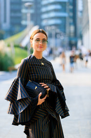 bally, black bag, black dress, graphic dress, leather bag, lena lademann, printed dress, ruffles, striped dress, sunglasses, fashion week, frenchystyle, FW, jonathan paciullo, street style, MFW, MILAN, SPRING SUMMER 2019, SS 19, vertical, atmosphere details, detail