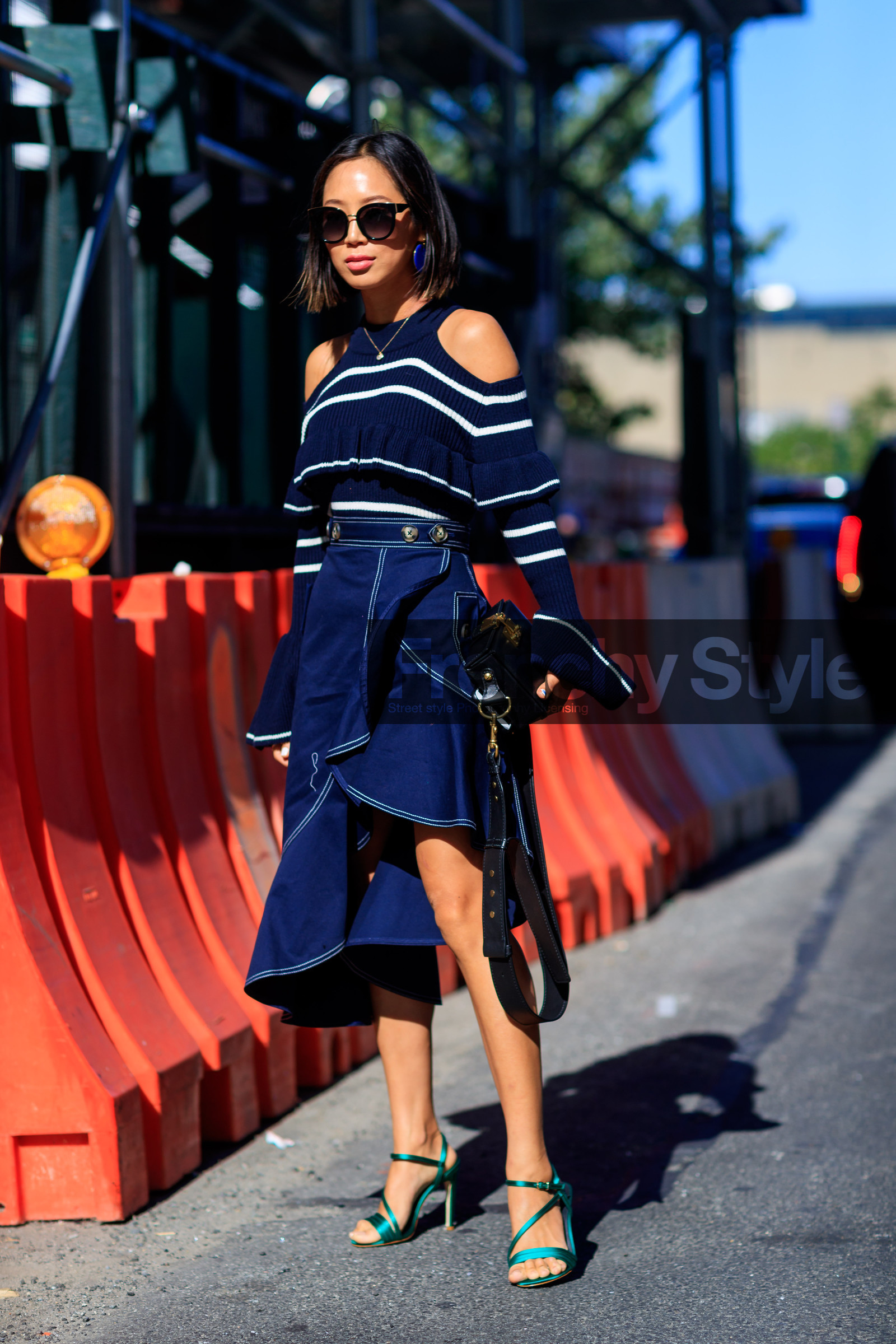 black bag, blue skirt, blue sweater, cold shoulder, fashion week, frenchystyle, full length, FW, graphic sweater, green shoes, high heels, jonathan paciullo, leather shoes, NEW YORK, NYFW, printed sweater, SPRING SUMMER 2018, SS 18, street style, striped sweater, sunglasses, vertical