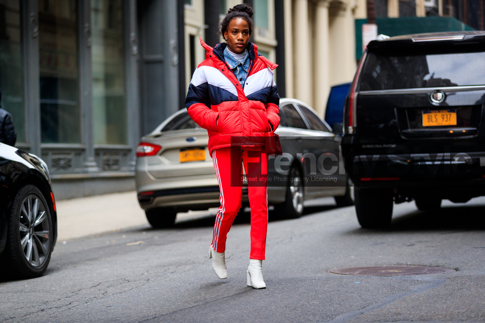 adidas, blue denim, denim jacket, down jacket, graphic jacket, high heels, leather bag, leather shoes, printed jacket, red bag, red jacket, red pants, sweatpants, trousers, white shoes, street style, jonathan paciullo, FW, frenchystyle, fashion week, NYFW, NEW YORK, AUTUMN WINTER 2018-2019, AW 18-19, FALL WINTER 2018-2019, FW 18-19, atmosphere details, horizontal, full length, gabby prescod
