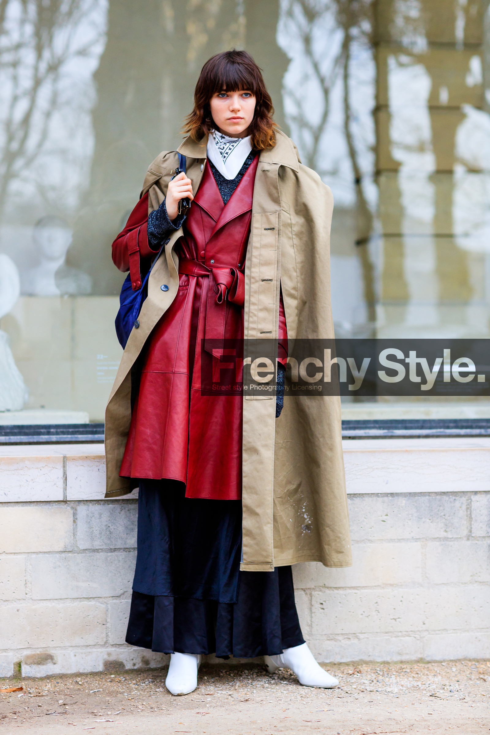 AUTUMN WINTER 2017-2018, AW 17-18, backpack, beige coat, black pants, FALL WINTER 2017-2018, fashion week, frenchystyle, full length, FW, FW 17-18, grace hartzel, high heels, hood, jonathan paciullo, leather coat, leather shoes, model, PARIS, PFW, red coat, street style, trousers, vertical, white boots, white scarf, wide pants