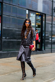 anaa saber, grey leather jacket, grey leather skirt, mid long skirt, button skirt, cropped top, futurist shape sunglasses, red leather clutch, high boots, sheer boots, open toe shoes, coach bag, embroidered boots, floral embroidered boots, coach jacket, coach skirt, fashion week, frenchystyle, FW, jonathan paciullo, street style, NYFW, NEW YORK, AUTUMN WINTER 2020-2021, FALL WINTER 2020-2021, FW 20-21, vertical, full length